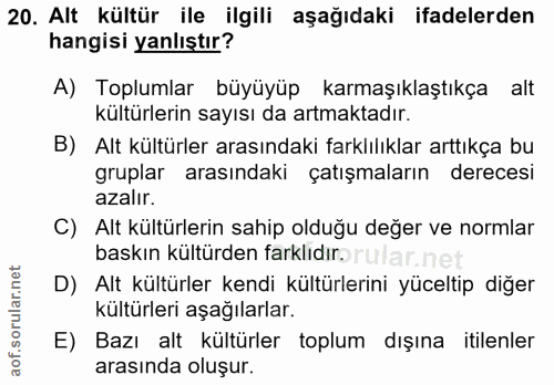 20. soru: Alt kültür ile ilgili aşağıdaki ifadelerden hangisi yanlıştır? A) Toplumlar büyüyüp karmaşıklaştıkça alt kültürlerin…