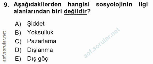 9. soru: Aşağıdakilerden hangisi sosyolojinin ilgi alanlarından biri değildir? A) Şiddet rular.net B) Yoksulluk C) Pazarlama D…