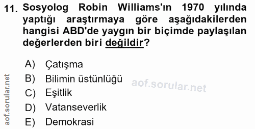 11. soru: Sosyolog Robin Williams'in 1970 yılında yaptığı araştırmaya göre aşağıdakilerden hangisi ABD'de yaygın bir biçimde pa…