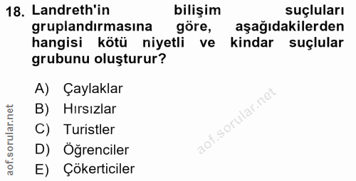 18. soru: Landreth'in bilişim suçluları gruplandırmasına göre, aşağıdakilerden hangisi kötü niyetli ve kindar suçlular grubunu…