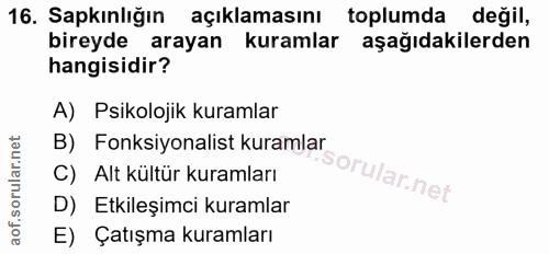 16. soru: Sapkınlığın açıklamasını toplumda değil, bireyde arayan kuramlar aşağıdakilerden hangisidir? A) Psikolojik kuramlar B…