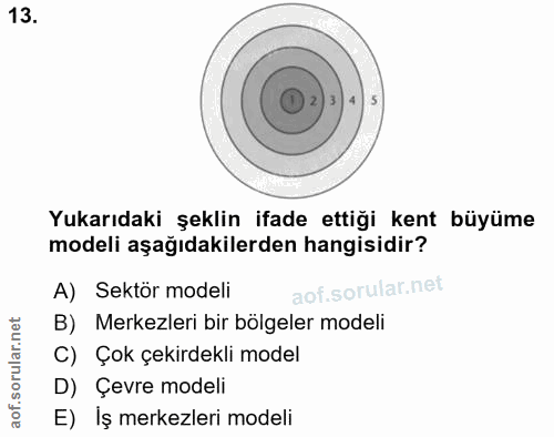 13. soru: Yukarıdaki şeklin ifade ettiği kent büyüme modeli aşağıdakilerden hangisidir? A) Sektör modeli B) Merkezleri bir bölg…