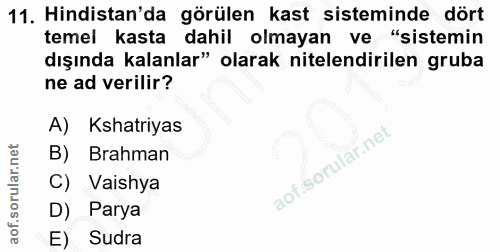 11. soru: Hindistan'da görülen kast sisteminde dört temel kasta dahil olmayan ve "sistemin dışında kalanlar" olarak nitelendiri…