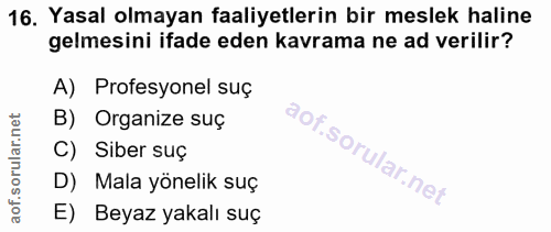 16. soru: Yasal olmayan faaliyetlerin bir meslek haline gelmesini ifade eden kavrama ne ad verilir? A) Profesyonel suç B) Organ…