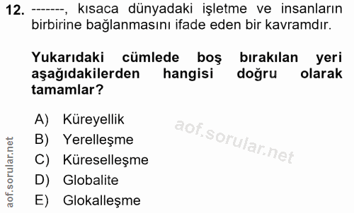 12. soru: -—, kısaca dünyadaki işletme ve insanların birbirine bağlanmasını ifade eden bir kavramdır. Yukarıdaki cümlede boş bı…