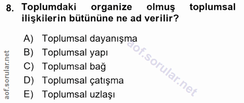 8. soru: Toplumdaki organize olmuş toplumsal ilişkilerin bütününe ne ad verilir? A) Toplumsal dayanışma B) Toplumsal yapı C) T…