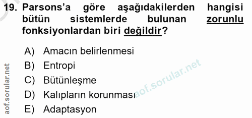 19. soru: Parsons'a göre aşağıdakilerden hangisi bütün sistemlerde bulunan zorunlu fonksiyonlardan biri değildir? A) Amacın bel…