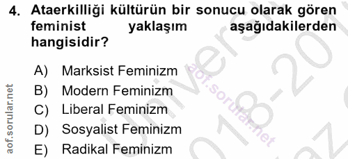 4. soru: Ataerkilliği kültürün bir sonucu olarak gören feminist yaklaşım aşağıdakilerden hangisidir? A) Marksist Feminizm B) M…