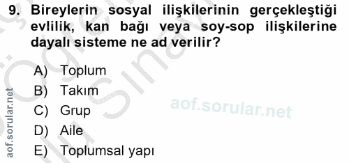 9. soru: Bireylerin sosyal ilişkilerinin gerçekleştiği evlilik, kan bağı veya soy-sop ilişkilerine dayalı sisteme ne ad verili…