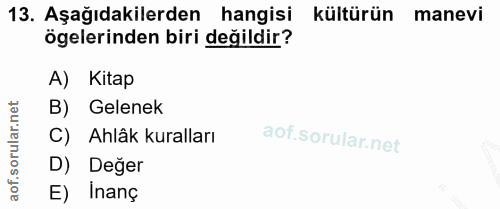 13. soru: Aşağıdakilerden hangisi kültürün manevi ögelerinden biri değildir? A) Kitap B) Gelenek C) Ahlâk kuralları D) Değer E)…