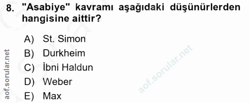 8. soru: "Asabiye" kavramı aşağıdaki düşünürlerden hangisine aittir? A) St. Simon B) Durkheim C) Ibni Haldun D) Weber E) Max
