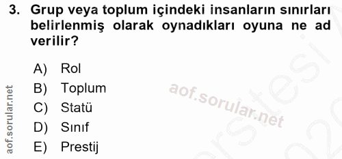 3. soru: Grup veya toplum içindeki insanların sınırları belirlenmiş olarak oynadıkları oyuna ne ad verilir? A) Rol B) Toplum C…