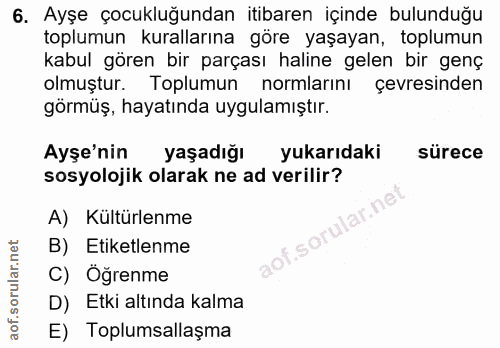 6. soru: Ayşe çocukluğundan itibaren içinde bulunduğu toplumun kurallarına göre yaşayan, toplumun kabul gören bir parçası hali…