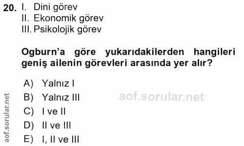 20. soru: I. Dini gorev Il. Ekonomik görev IlI. Psikolojik görev Ogburn'a göre yukarıdakilerden hangileri geniş ailenin görevle…