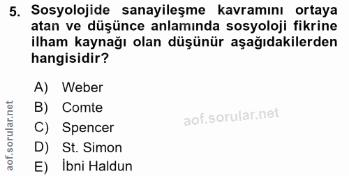 5. soru: Sosyolojide sanayileşme kavramını ortaya atan ve düşünce anlamında sosyoloji fikrine ilham kaynağı olan düşünür aşağı…