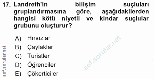 17. soru: Landreth'in bilişim suçluları gruplandırmasına göre, aşağıdakilerden hangisi kötü niyetli ve kindar suçlular grubunu…