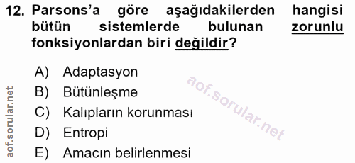 12. soru: Parsons'a göre aşağıdakilerden hangisi bütün sistemlerde bulunan zorunlu fonksiyonlardan biri değildir? A) Adaptasyon…