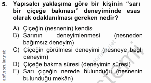 5. soru: Yapısalcı yaklaşıma göre bir kişinin "sarı bir çiçeğe bakması" deneyiminde esas olarak odaklanılması gereken nedir? A…