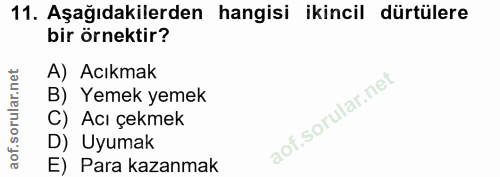 11. soru: Aşağıdakilerden hangisi ikincil dürtülere bir örnektir? A) Acıkmak B) Yemek yemek C) Acı çekmek D) Uyumak E) Para kaz…