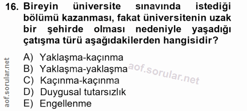 16. soru: Bireyin üniversite sınavında istediği bölümü kazanması, fakat üniversitenin uzak bir şehirde olması nedeniyle yaşadığ…