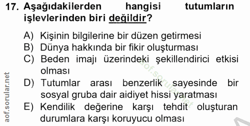 17. soru: Aşağıdakilerden hangisi tutumların işlevlerinden biri değildir? A) Kişinin bilgilerine bir düzen getirmesi B) Dünya h…