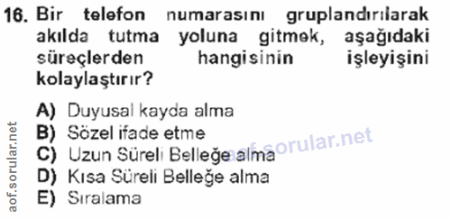 16. soru: Bir telefon numarasını gruplandırılarak akılda tutma yoluna gitmek, aşağıdaki süreçlerden hangisinin işleyişini kolay…