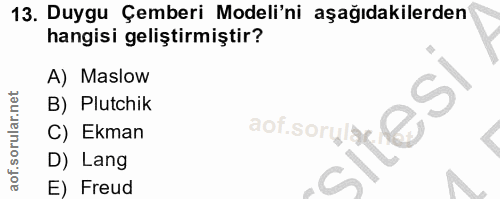 13. soru: Duygu Çemberi Modeli'ni aşağıdakilerden hangisi geliştirmiştir? A) Maslow B) Plutchik C) Ekman D) Lang E) Freud
