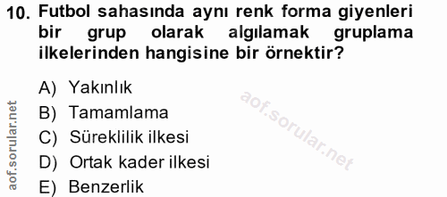 10. soru: Futbol sahasında aynı renk forma giyenleri bir grup olarak algılamak gruplama ilkelerinden hangisine bir örnektir? A)…