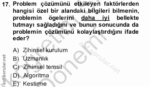 17. soru: Problem çözümünü etkileyen faktörlerden hangisi özel bir alandaki bilgileri bilmenin, problemin ögelerini daha iyi be…