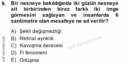9. soru: Bir nesneye bakıldığında iki gözün nesneye ait birbirinden biraz farklı iki imge görmesini sağlayan ve insanlarda san…