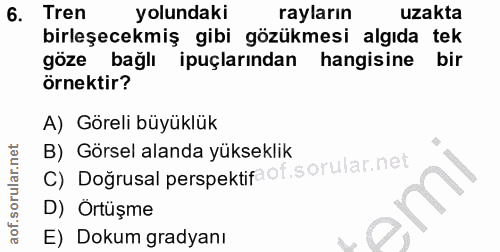 6. soru: Tren yolundaki rayların uzakta birleşecekmiş gibi gözükmesi algıda tek göze bağlı uçlarından hangisine bir örnektir?…