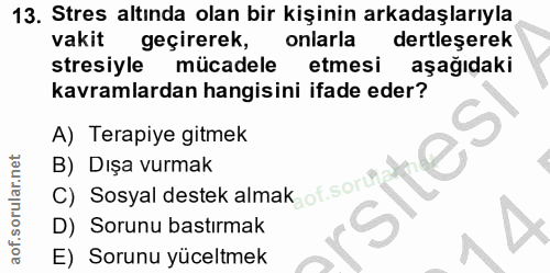 13. soru: Stres altında olan bir kişinin arkadaşlarıyla vakit geçirerek, onlarla dertleserek stresiyle mücadele etmesi aşağıdak…