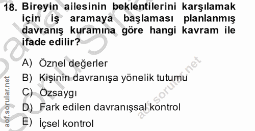 18. soru: Bireyin ailesinin beklentilerini karşılamak için iş aramaya başlaması planlanmış davranış kuramına göre hangi kavram…