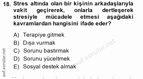 18. soru: Stres altında olan bir kişinin arkadaşlarıyla vakit geçirerek, onlarla dertleşerek stresiyle mücadele etmesi aşağıdak…