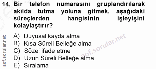 14. soru: Bir telefon numarasını gruplandırilarak akılda tutma yoluna gitmek, aşağıdaki süreçlerden hangisinin işleyişini kolay…