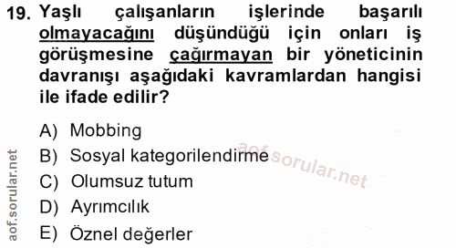 19. soru: Yaşlı çalışanların işlerinde başarılı olmayacağını düşündüğü için onları iş görüşmesine çağırmayan bir yöneticinin da…