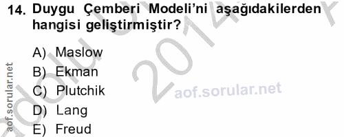 14. soru: Duygu Çemberi Modeli'ni aşağıdakilerden hangisi geliştirmiştir? A) Maslow B) Ekman C) Plutchik D) Lang E) Freud