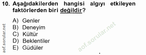 10. soru: Aşağıdakilerden hangisi algıyı etkileyen faktörlerden biri değildir? A) Genler B) Deneyim C) Kültür D) Beklentiler E)…