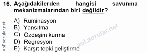 16. soru: Aşağıdakilerden hangisi savunma mekanizmalarından biri değildir? A) Ruminasyon B) Yansıtma C) Özdeşim kurma D) Regres…
