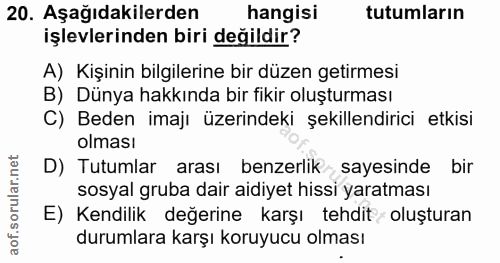 20. soru: Aşağıdakilerden hangisi tutumların işlevlerinden biri değildir? A) Kişinin bilgilerine bir düzen getirmesi B) Dünya h…