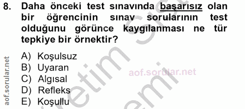 8. soru: Daha önceki test sınavında başarısız olan bir öğrencinin sinav sorularının test olduğunu görünce kaygılanması ne tür…