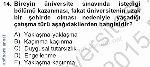 14. soru: Bireyin üniversite sınavında istediği bölümü kazanması, fakat üniversitenin uzak bir şehirde olması nedeniyle yaşadığ…