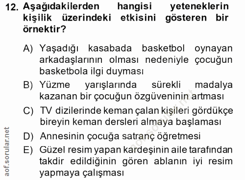 12. soru: Aşağıdakilerden hangisi yeteneklerin kişilik üzerindeki etkisini gösteren bir örnektir? A) Yaşadığı kasabada basketbo…