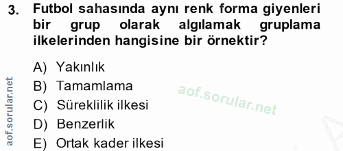 3. soru: Futbol sahasında aynı renk forma giyenleri bir grup olarak algılamak gruplama ilkelerinden hangisine bir örnektir? A)…