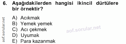 6. soru: Aşağıdakilerden hangisi ikincil dürtülere bir örnektir? A) Acıkmak B) Yemek yemek C) Acı çekmek D) Uyumak E) Para kaz…