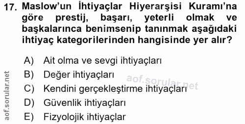17. soru: Maslow'un ihtiyaçlar Hiyerarşisi Kuramı'na göre prestij, başarı, yeterli olmak ve başkalarınca benimsenip tanınmak aş…