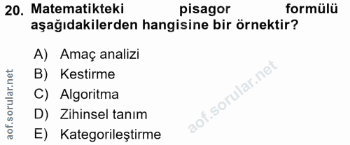 20. soru: Matematikteki pisagor formülü aşağıdakilerden hangisine bir örnektir? A) Amaç analizi B) Kestirme C) Algoritma D) Zih…