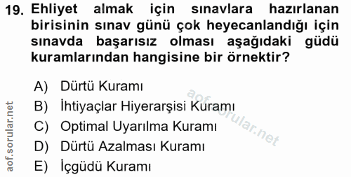 19. soru: Ehliyet almak için sınavlara hazırlanan birisinin sınav günü çok heyecanlandığı için sınavda başarısız olması aşağıda…