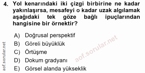 4. soru: Yol kenarındaki iki çizgi birbirine ne kadar yakınlaşırsa, mesafeyi o kadar uzak algılamak aşağıdaki tek göze bağlı u…