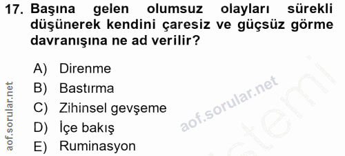 17. soru: Başına gelen olumsuz olayları sürekli düşünerek kendini çaresiz ve güçsüz görme davranışına ne ad verilir? A) Direnme…